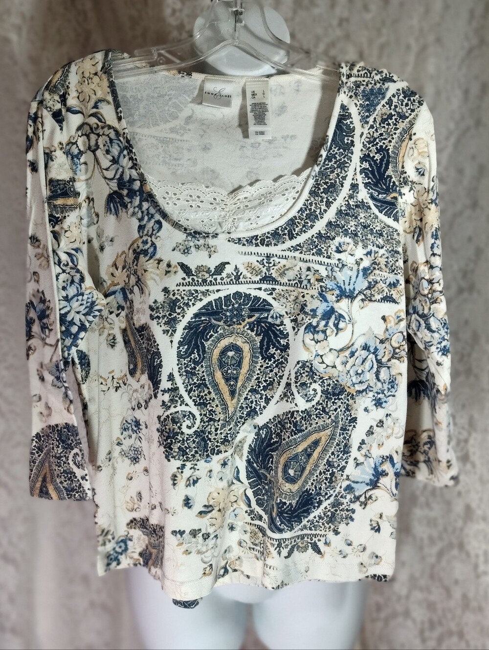 Emma James Cream Paisley Scoop Neck L/S Top with Lace Sz L
